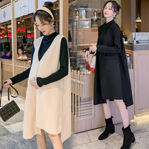 Pregnant women with skirt set autumn and winter New Fashion Korean version of woolen vest long skirt pregnant women belly pants two-piece set