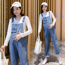 Pregnant women with pants spring and autumn trousers Korean casual loose pregnant women jeans 2021 autumn fashion pregnant women set
