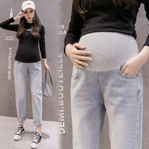 Pregnant women pants spring and autumn fashion tide mom straight tube pregnant women jeans autumn wear loose Korean belly trousers