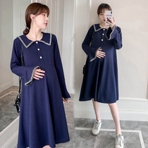 Pregnant women dress Autumn New Korean loose cotton long sleeve coat spring and autumn doll collar sweet pregnant women skirt