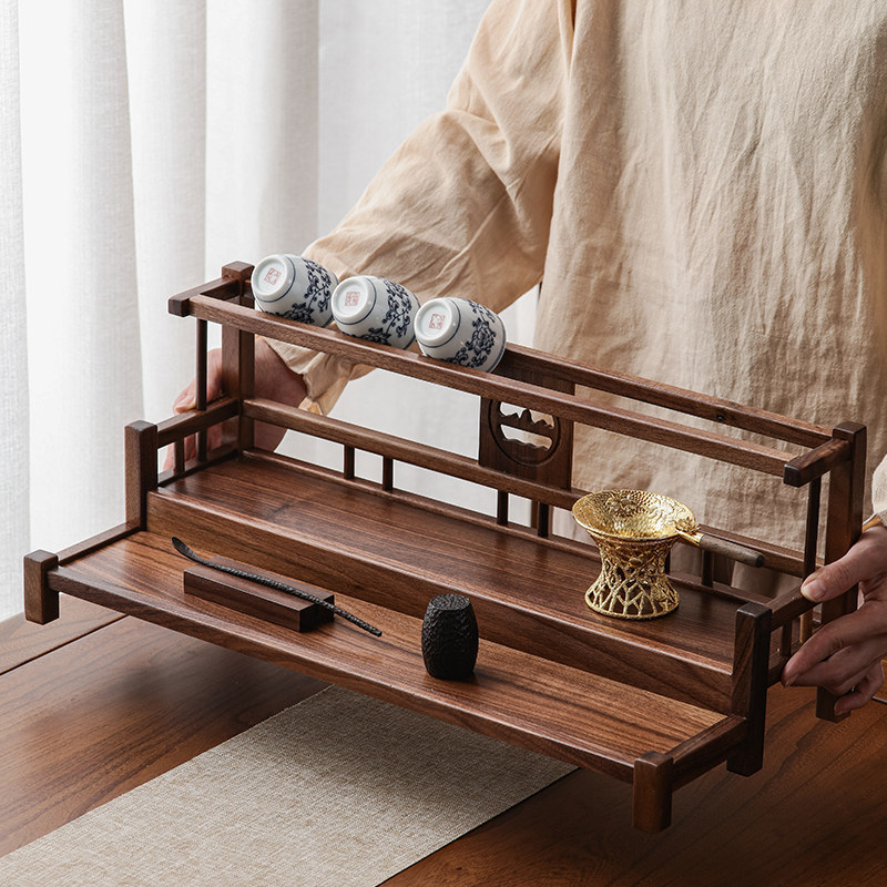 North American Hupeach Wood Tea Set Storage Rack Solid Wood Bogu Rack Teapot Tea Cup Shelf Double Table Top Tea Table Shelf-Taobao