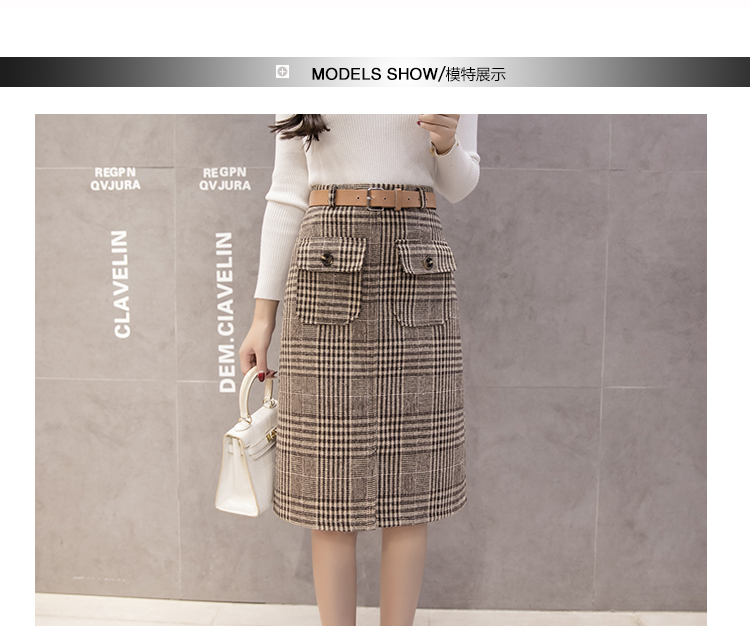 Kẻ sọc váy mùa thu và mùa đông mới len houndstooth túi cao eo ren chia phần dài giảm béo túi hip váy chân váy bò