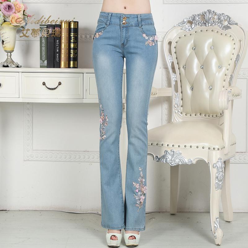 Jane Eyre Pink Mary 2026 Spring/Summer New Light Blue Petite Embroidered High-Waisted Elastic Flared Jeans for Women
