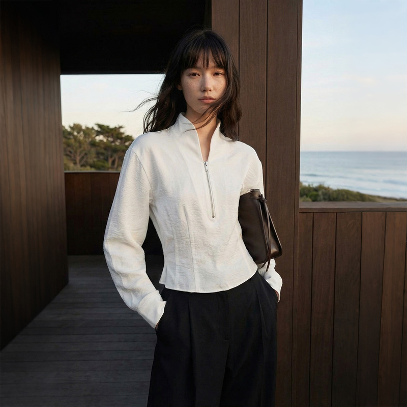 Common Value'Cloud Waist' Spring Zen Collar Half-Zip Top Smart Commuting Slim-Fit White Shirt