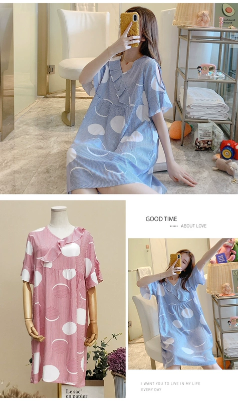 Váy ngủ cotton lụa phong cách mỏng mùa hè của phụ nữ có thể mặc bên ngoài bộ đồ ngủ rayon ngắn tay, phong cách mở rộng của Hàn Quốc dịch vụ tại nhà ngọt ngào - Đêm đầm