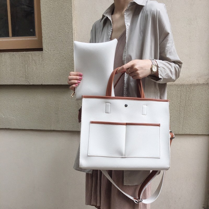 High-quality leather large bag new child mother bag contrast color large-capacity handbag shoulder messenger bag women's bag