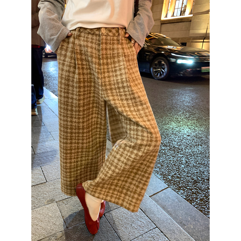 Loose-Fitting Plaid Wide-Leg Pants for Women, Wool High-Waisted Plaid Pants, 2025 New Style, Petite Wool Pants, Loose Fit