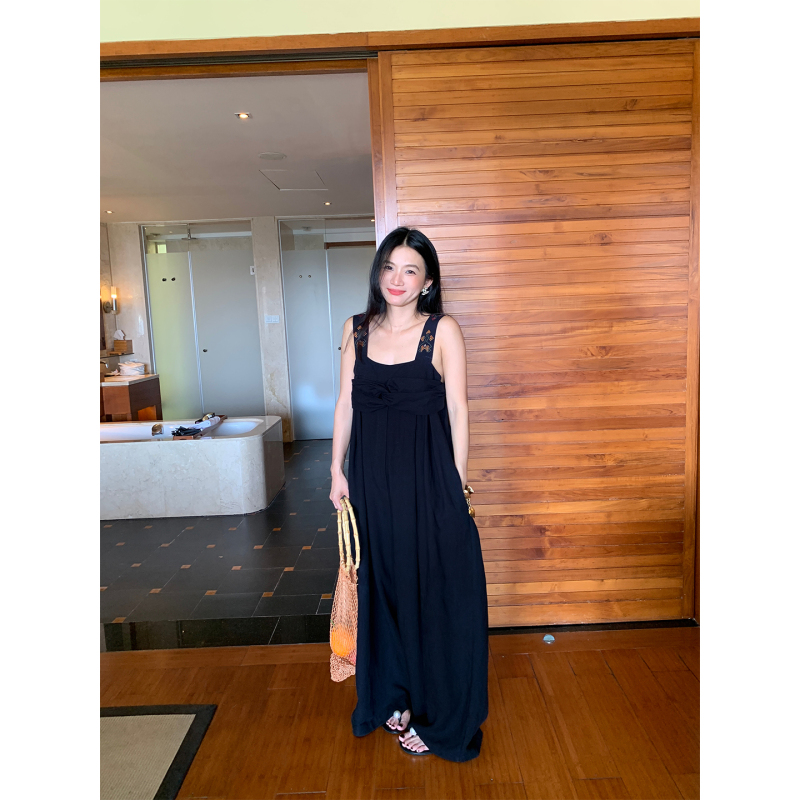Luoluo Jiejie Jumpsuit 2026 New Women's Summer Navy Blue Design Linen Embroidered Jumpsuit with Wide-Leg Pants