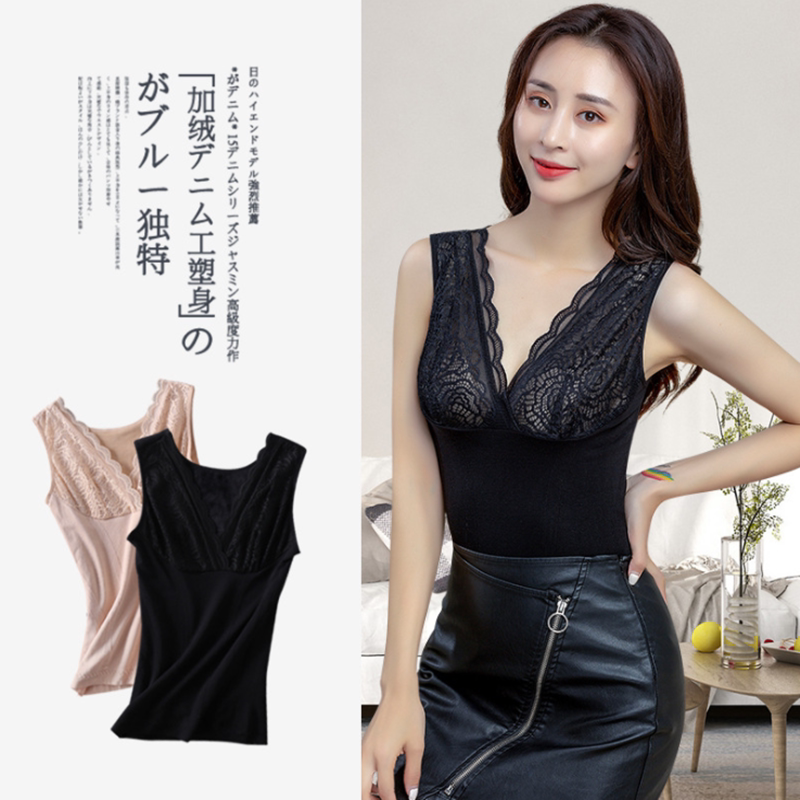 Winter sleeveless V collar warm vest lady gush thickened lace sexy hit bottom heating garment swarm jacket