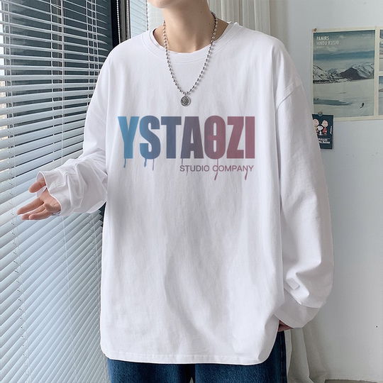 Bottom shirt men's spring and autumn long-sleeved t-shirt Hong Kong style heavy high-quality loose top clothes white inner sweater