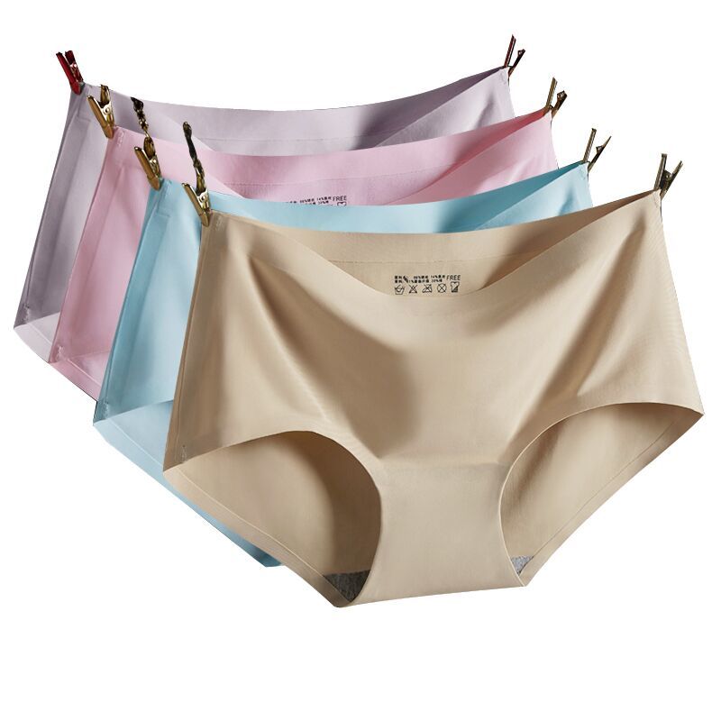 (4 pack) (S-XXL five yards)Ice silk incognito underwear one-piece solid color mid-waist underwear for women