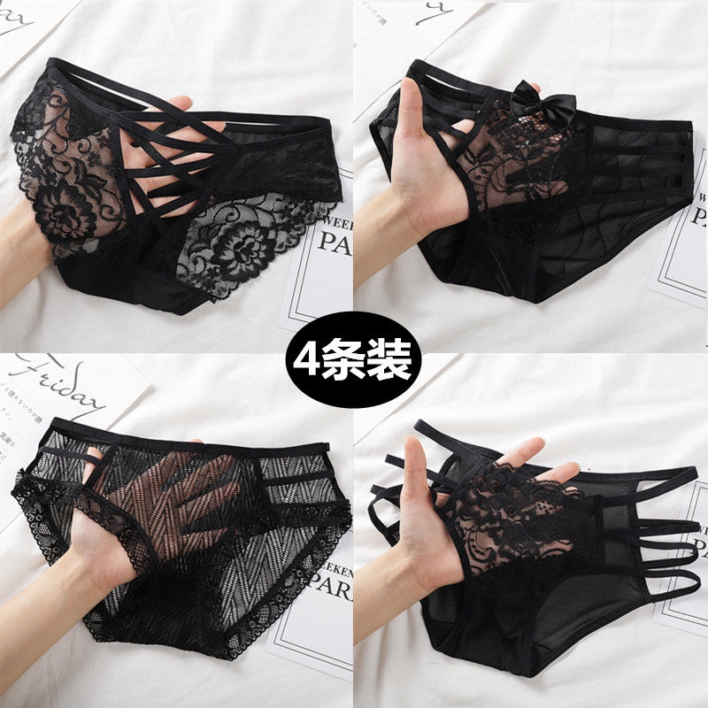 2 4 dress briefs female traceless lace transparent low waist hollowed-out lady triangle pants cotton stalls breathable ice