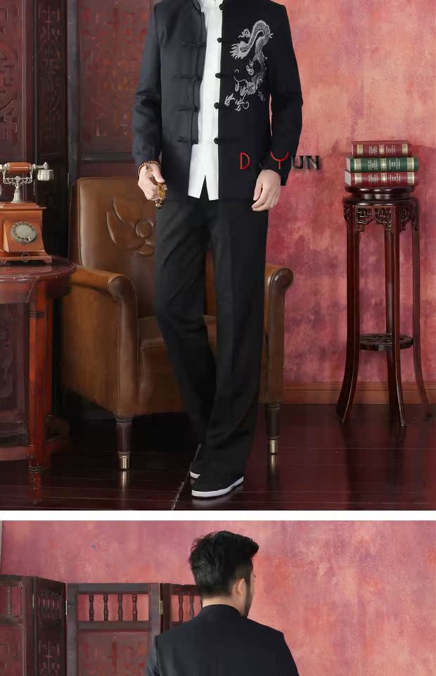 Mùa xuân và mùa thu mới trung niên cha thêu rồng dài tay áo phù hợp với áo Trung Quốc retro phong cách quốc gia trang phục nam đồ bộ mặc nhà