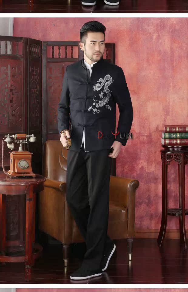 Mùa xuân và mùa thu mới trung niên cha thêu rồng dài tay áo phù hợp với áo Trung Quốc retro phong cách quốc gia trang phục nam đồ bộ mặc nhà
