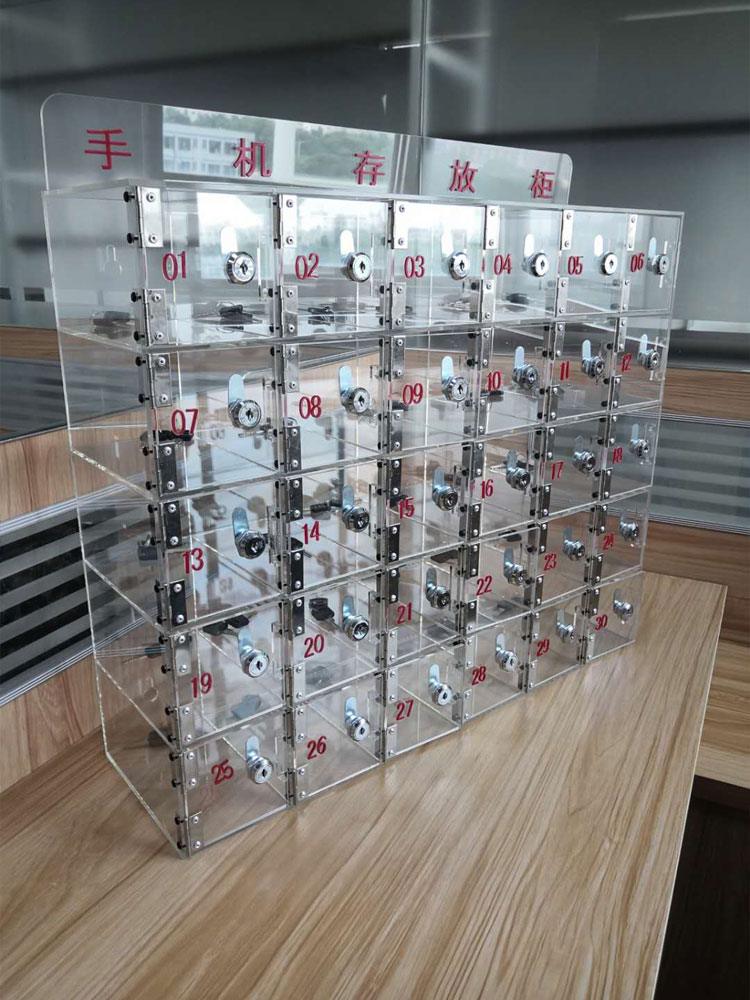 Custom transparent acrylic mobile phone storage cabinet Factory mobile phone safe deposit box with lock staff tinder storage storage cabinet