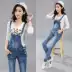 Quần màu xanh nhạt nữ 2019 mới denim dây đeo mùa xuân và mùa thu Học sinh Hàn Quốc chín điểm kết nối quần dài cơ thể - Quần jean