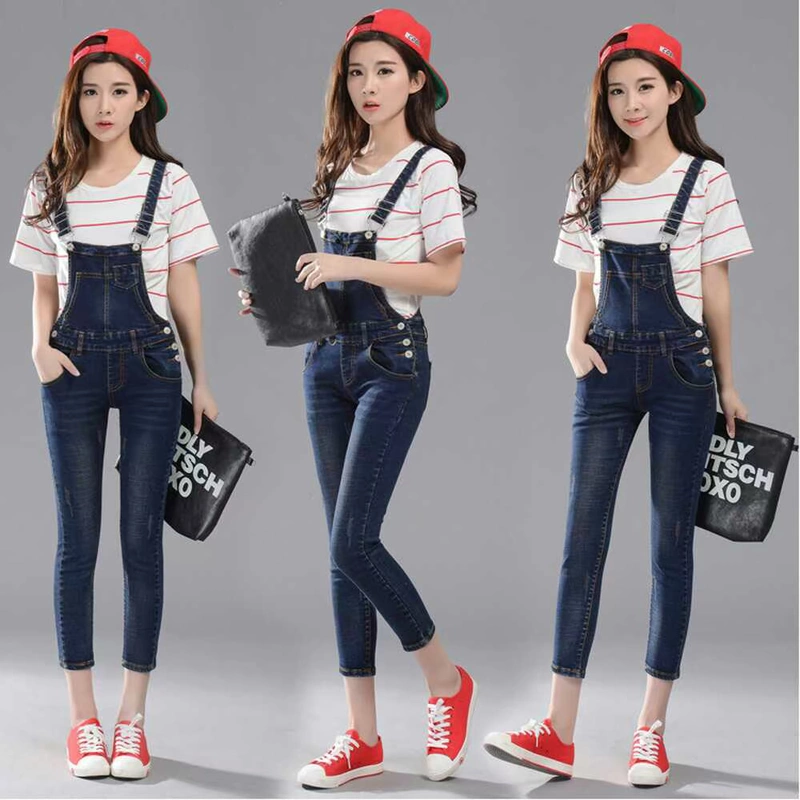 Quần màu xanh nhạt nữ 2019 mới denim dây đeo mùa xuân và mùa thu Học sinh Hàn Quốc chín điểm kết nối quần dài cơ thể - Quần jean