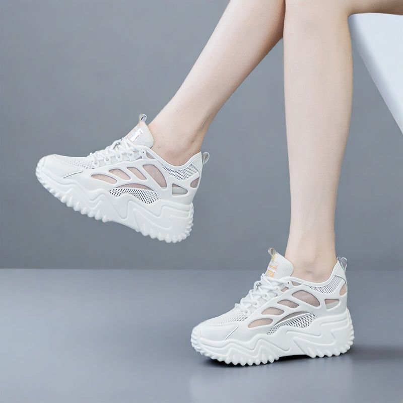 Summer Breathable Height-Increasing Sneakers for Women, 8cm Height Increase, Thick-Soled White Shoes, Casual White Shoes, Wedge Mesh Shoes