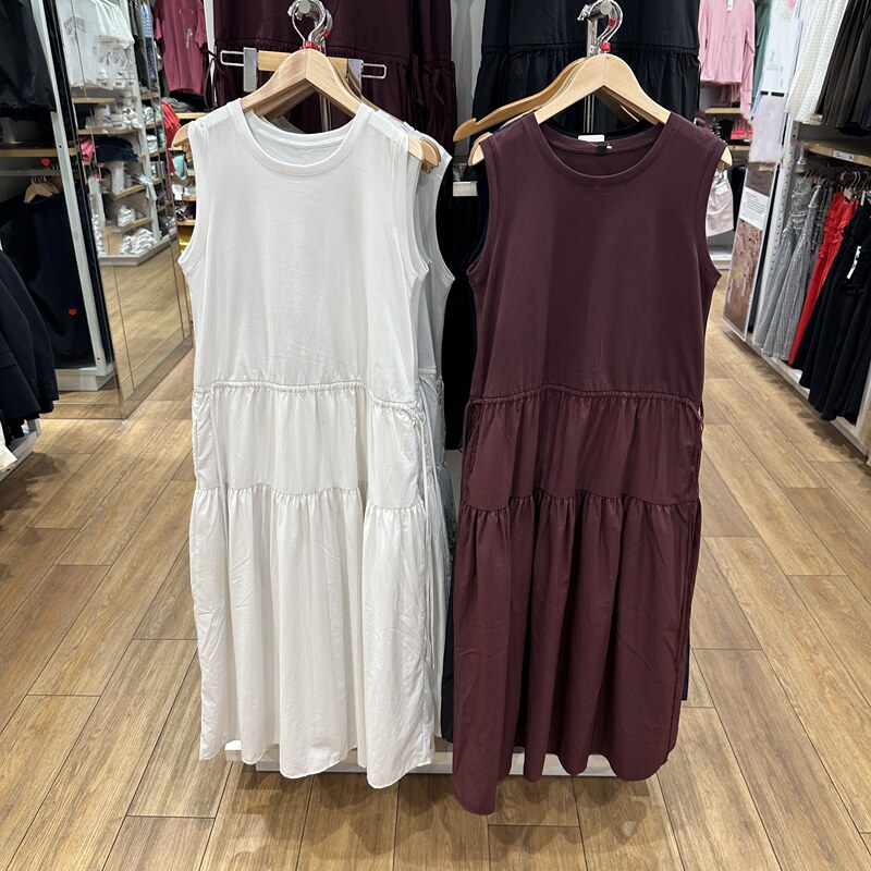 Fitting Room Japanese Style Summer Women's Dress with Layered Patchwork, Round Neck, Sleeveless, Drawstring Waist, Long Dress 487286