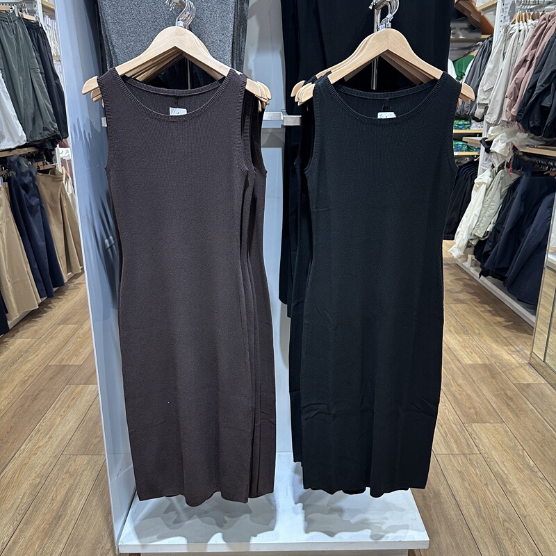 Fitting Room Japanese Style Autumn Women's Dress Casual Solid Color Slim Ribbed Round Neck Knitted Sleeveless Long Dress 488722