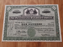 1937 Pennsylvania Railway Company Shares-Bonds $100 engraving of the nostalgic securities collection
