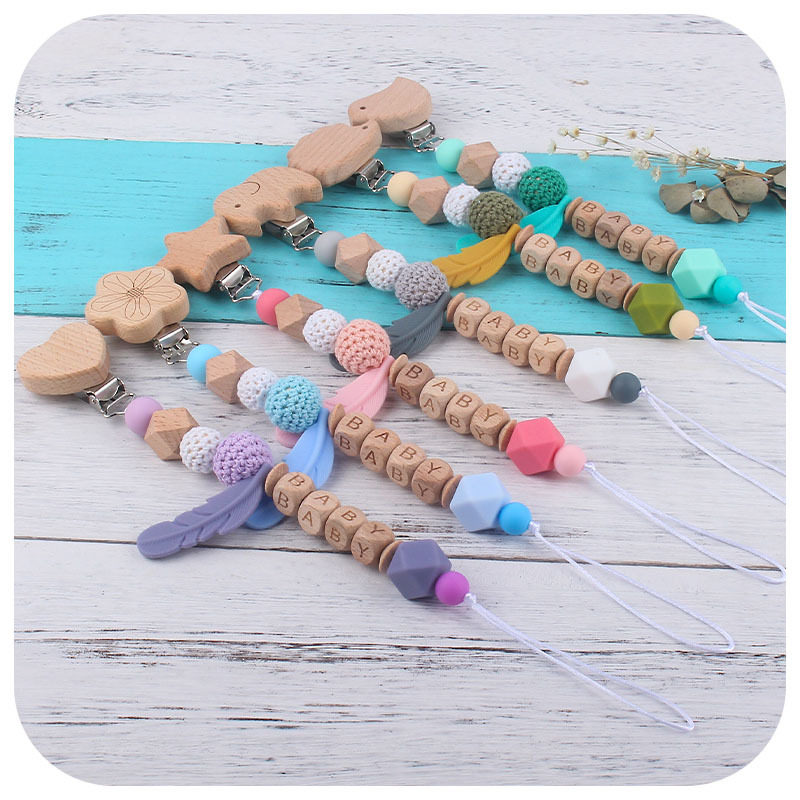 New DIY baby name appease silicone feather pacifier to prevent chain drop baby toy beech animal pacifier clip