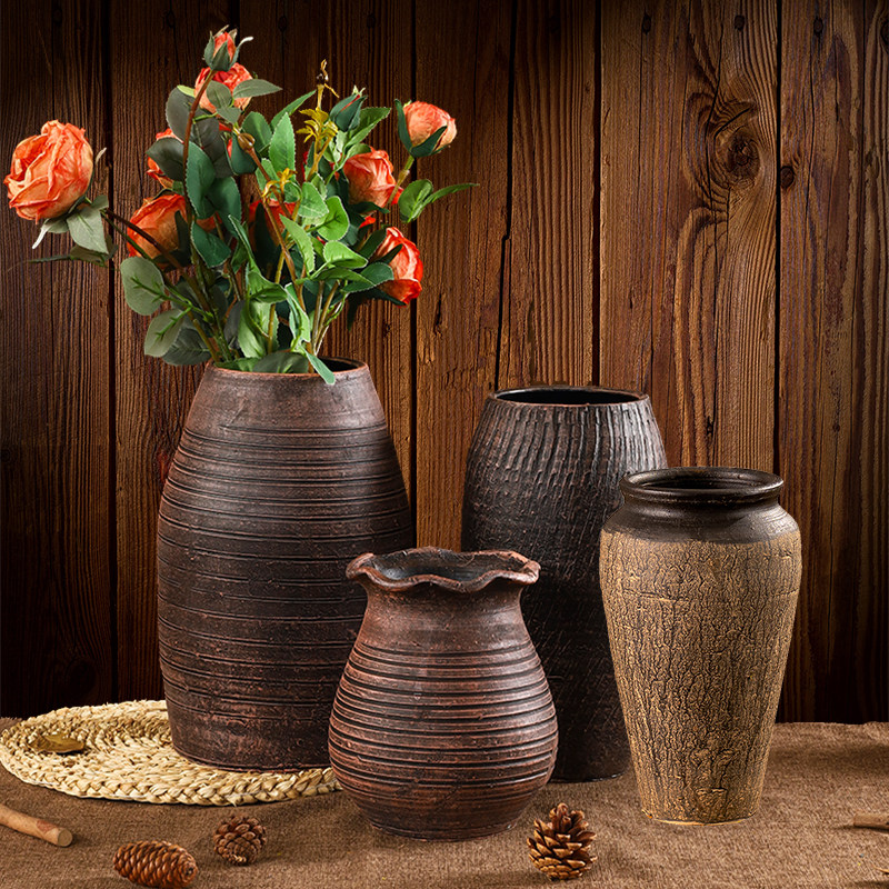 Vintage Chinese Pottery Vase – Rustic Terracotta Flower Container for Dried Stems or Live Plants – Farmhouse Living Room Decor