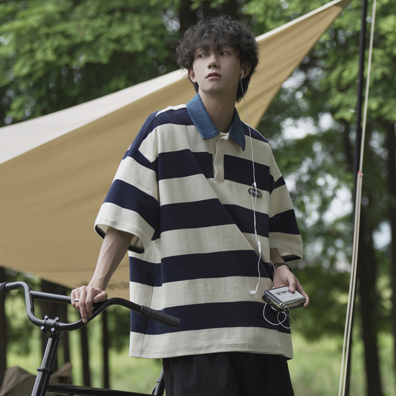 Japanese City Boy Striped Lapel Short-Sleeve T-Shirt for Men, Summer 2026 Fashion Trend, Harajuku Casual Loose Polo Shirt Japanese City Boy Striped Lapel Short-Sleeve T-Shirt for Men, Summer 2026 Fashion Trend, Harajuku Casual Loose Polo Shirt