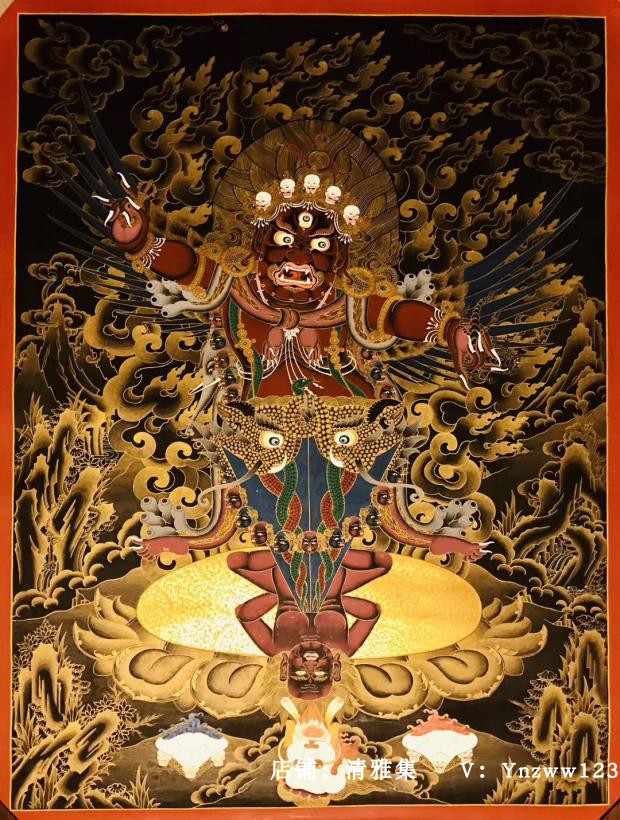 Pure gold black gold Puba angry lotus master Nepal pure hand-painted handmade thangka hanging painting angry lotus master