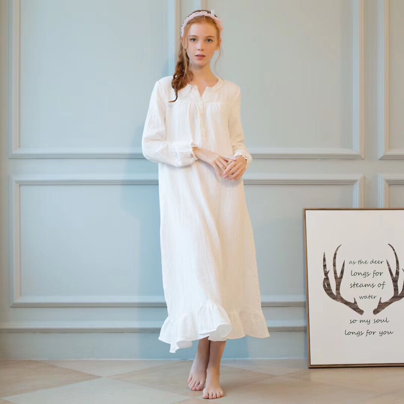 Spring and Autumn Pure Cotton Gauze Pajamas for Women, Palace Princess Style, Three-Layer Soft Pink Nightgown, Long-Sleeved, Long Home Wear 