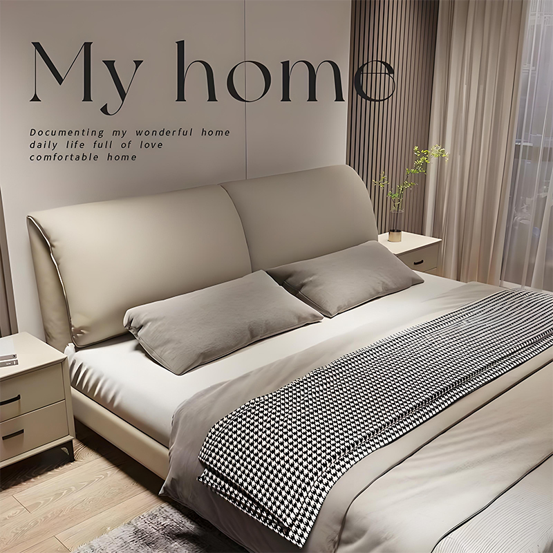 Elephant Ear Leather Bed, Modern Minimalist Light Luxury Master Bedroom Large Bed, Italian Style Minimalist 1.8m Double Bed 2m X 2.2m