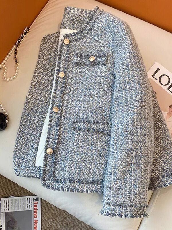 This Year's Trendy Beautiful Blue Tweed Jacket, New Spring and Autumn Korean Drama Style, Elegant Socialite Top