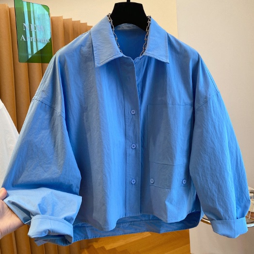 High-End Solid Color Sky Blue Shirt for Women, Loose-Fitting Drop-Shoulder Short Jacket for Spring and Autumn, Simple and Versatile for Commuting High-End Solid Color Sky Blue Shirt for Women, Loose-Fitting Drop-Shoulder Short Jacket for Spring and Autumn, Simple and Versatile for Commuting