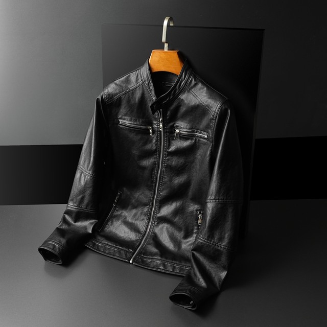 2022 Spring New Style Stand Collar Motorcycle Leather Jacket Slim Fit 7106P175 Long Term Black