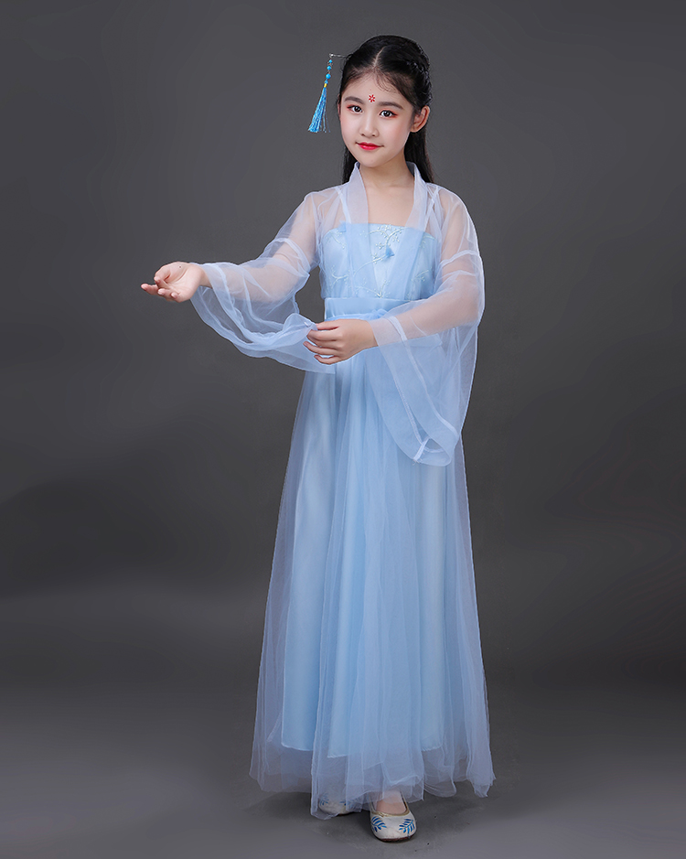 Trang phục thiếu nhi Cos cổ tích thêu Hanfu màu xanh công chúa biểu diễn vũ điệu cô gái khí chất tươi tắn và thanh lịch - Trang phục shop thời trang trẻ em