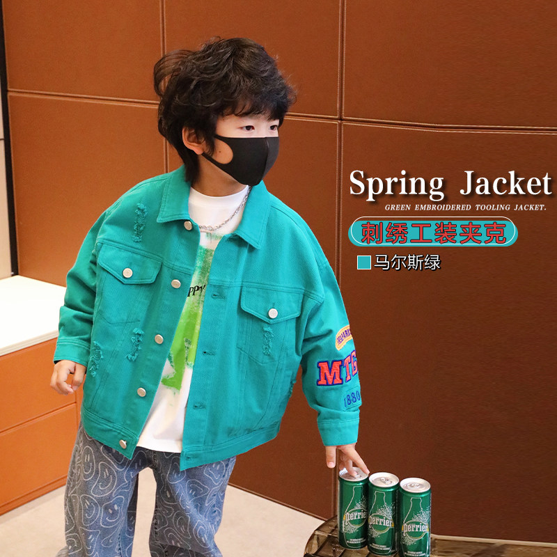 Small Crooked Boy Clothes 2022 Spring Autumn Season New Coat Baby Foreign Pie Children Korean Version Denim Jacket Tide