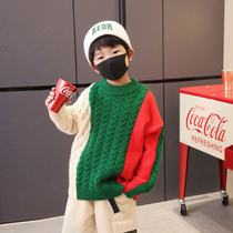Small Crooked Boy 2021 Autumn Winter Dress New Stitch Cardiovert Baby Thicken CUHK Child Cover Collage of Korean version of sweater