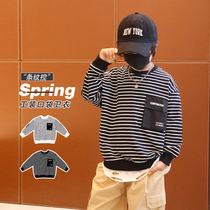 Small Crooked Home 2022 Boy loaded with spring summer season new childrens pure cotton baby Hans version of the Korean version of the ocean striped sweatshirt