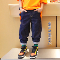 Small Crooked Home 2022 Boy loaded with spring autumn season new children Long pants Baby Fried Street Korean version Tide Cards Soft Jeans