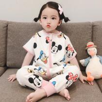 Children conjoined pajamas summer thin style pure cotton boy girl air conditioning home clothing anti-cool baby short sleeve sleeping bag tide