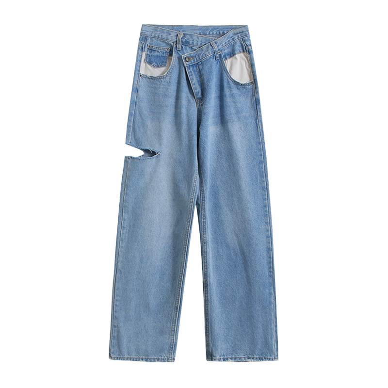 ins mất denim quần âu của phụ nữ trắng đáy túi hole-in-the-line quần jean sinh viên trẻ stiletto quần jean