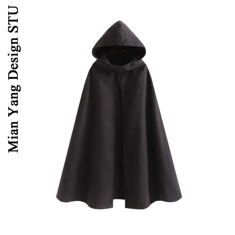 Unique Loose-Fitting Dark Trench Coat with Slits, Mysterious Hooded Woolen Wizard Cloak Jacket
