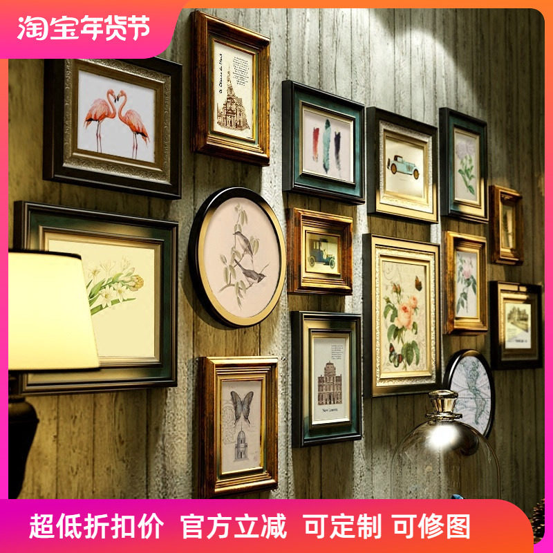 American Country Photo Wall Solid Wood European Restaurant Retro Photo Frame Decorative Painting Living Room Photo Wall Entrance Luxury