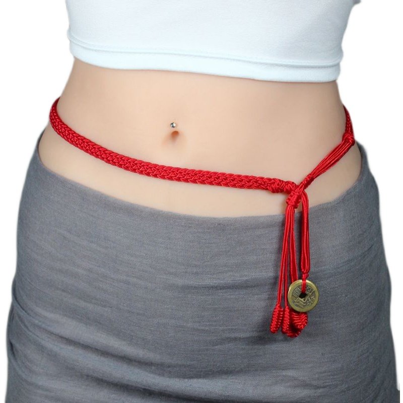 Handmade fine chronicled year bronze money red waist with five emperors red waist chain plus coarse lengthened red waist rope Fat men and women
