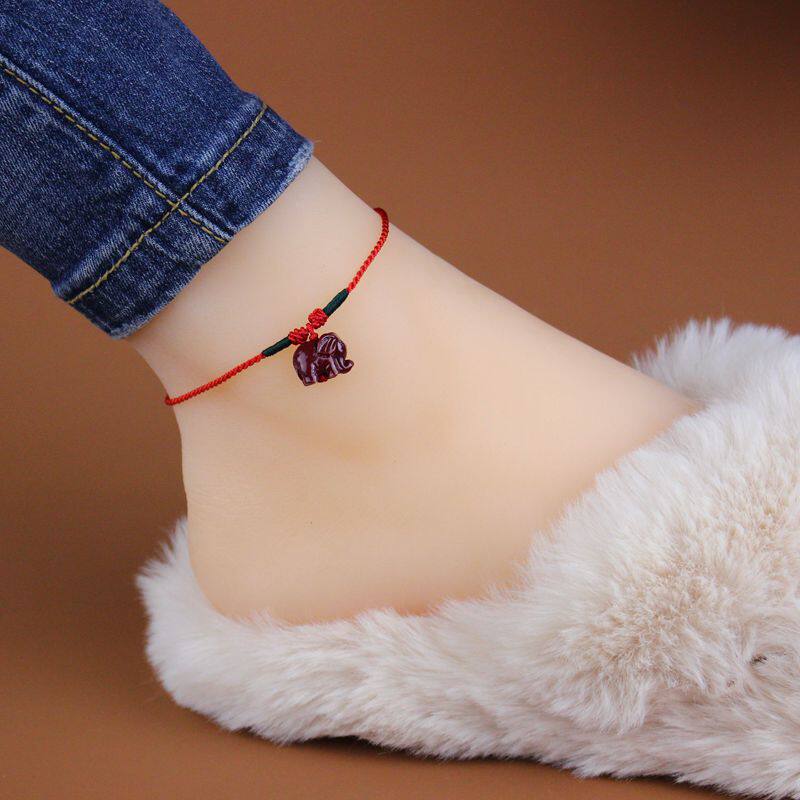 Fine Subsection Hand Woven This Life Year Red Rope Foot chain True Sand Red Foot Rope Lether 4 Leaf Grass Gourd can be changed short