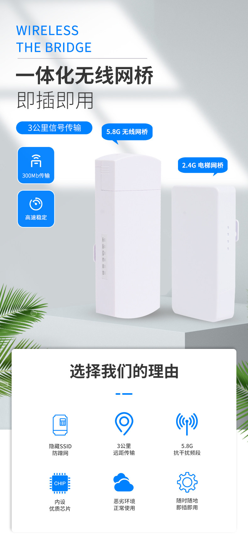 Сетевой мост 柏迈监控专用无线网桥1-3公里2.4g/5.8g电梯5.8户外防水无线网桥