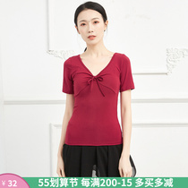 Sashimi V neckline butterfly knot short sleeve Morden Latin dance practice Tight Fit Mid Sleeve Sexy Dancing Blouse Women Big