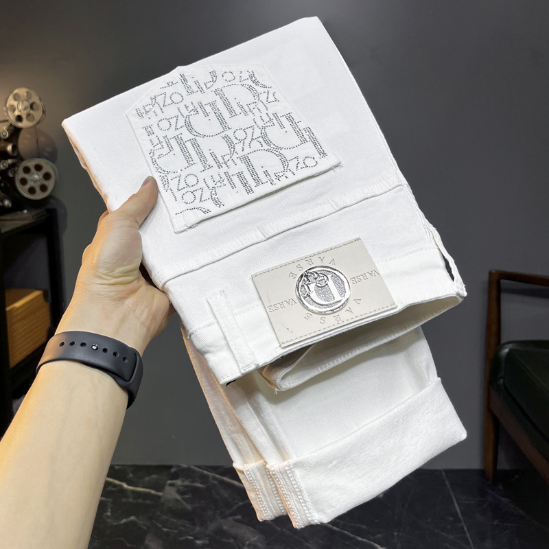 High-End White Men's Jeans, Cropped Length, Light Luxury, Slim Fit, Stretchy, Straight Leg, Trendy Brand, Old Money Style, Pure Cotton Long Pants