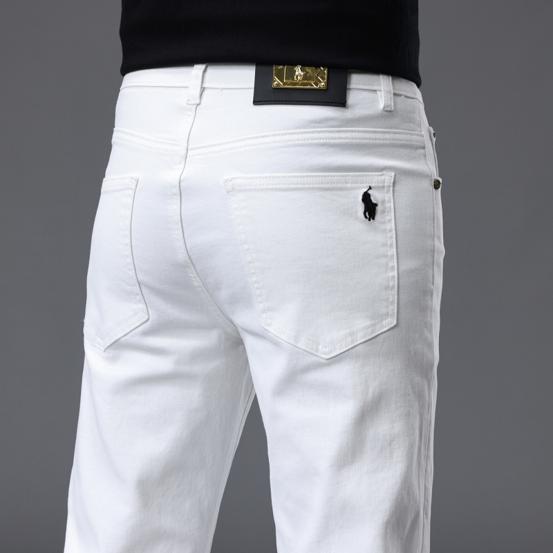 Hong Kong High-End Pure White Jeans for Men, Light Luxury Casual Straight-Leg Pants, Embroidered Trendy Brand White Pants for Men