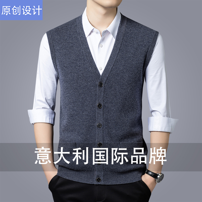 Italian Brand Cashmere Sweater Men's Vest V-Neck Sweater Solid Color Loose Sleeveless Wool Cardigan Vest